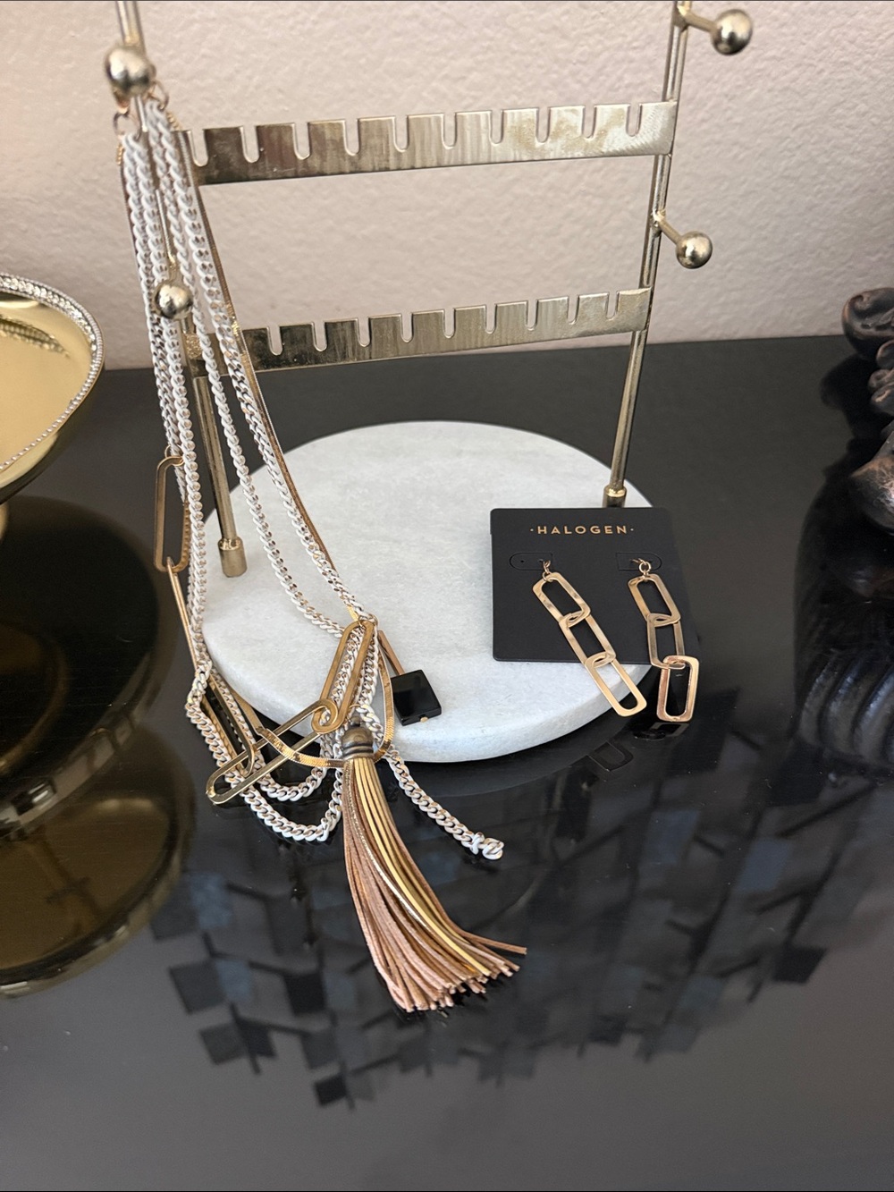 Halogen Gold and Silver Mixed-Metal Tassel Necklace with Gold-Link Drop Earrings